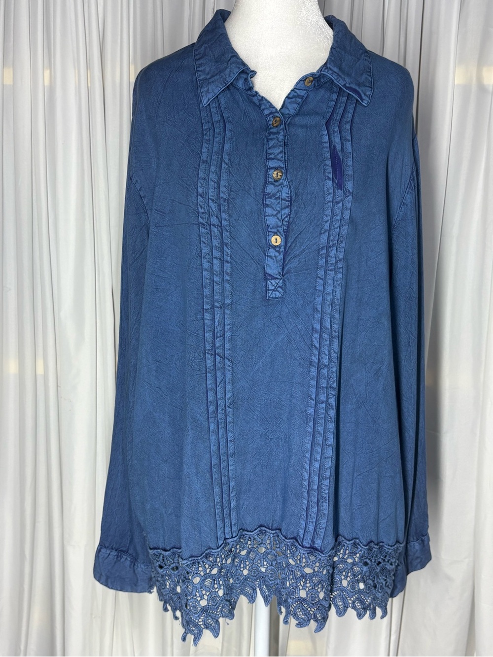 CATO Boho Blue Rayon Pintuck Tunic Blouse with Crochet Lace Trim Size XL
